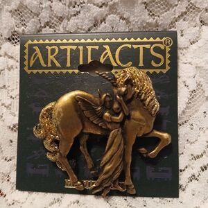 Artifacts Unicorn With Lady Gold Brass Tone Brooch 1990s - Early 2000s New